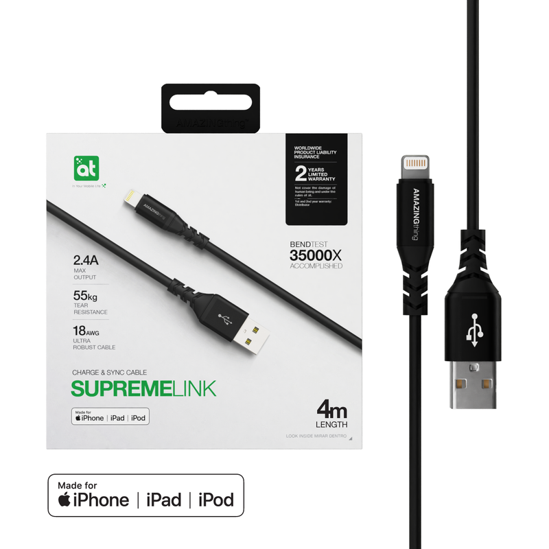 SUPREMELINK iPhone Lightning to USB-A 4M Cable Black